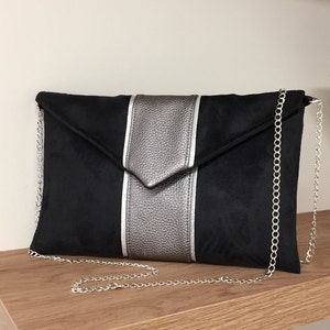 Black and grey evening clutch bag, silver sequins / Customizable uedette clutch bag, envelope shaped / Handbag with removable chain