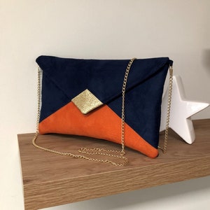 Clutch de boda azul marino y naranja con lentejuelas doradas / Clutch de noche de ante en forma de sobre, personalizable / Bolso de cadena imagen 6