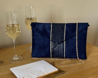 Clutch de boda azul marino y dorado, ante y símil piel de reptil / Clutch de noche personalizable / Bolso de mano, cadena extraíble