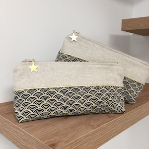 Trousse d'école en tissu japonais Seigaiha, tissu pailleté doré  / Trousse à crayons personnalisable, beige, bleu marine et doré