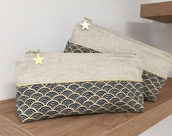 Japanese fabric school bag, gold glitter fabric, and star / Customizable pencil case, beige, navy blue and gold / Zipped pencil pouch