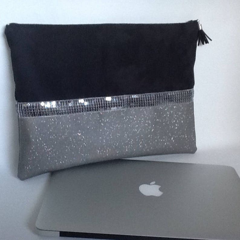 black suede sequins style Vanessa Bruno Custom-made Macbook pouch black and grey imitation leather and sequins Computer zipped cover