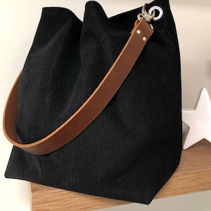 Black hobo bag, removable firm leather handle / Black corduroy tote bag, choice of leather / Shoulder bag, sportswear style image 8