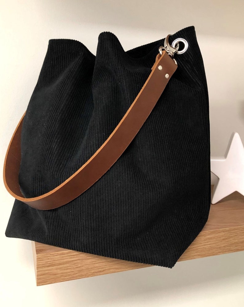 Black hobo bag, removable firm leather handle / Black corduroy tote bag, choice of leather / Shoulder bag, sportswear style image 8