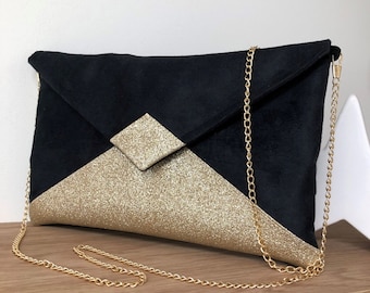 Black evening clutch bag with gold sequins / Black suedette wedding clutch bag, customizable / Golden handbag with detachable chain