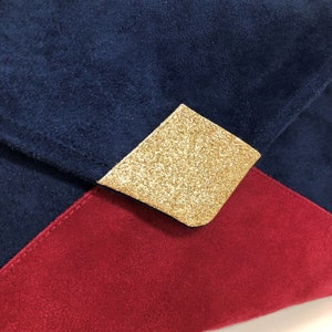Navy blue, fuchsia pink and gold sequins wedding clutch bag / Envelope-shaped evening clutch bag, customizable suede / Women's handbag image 7