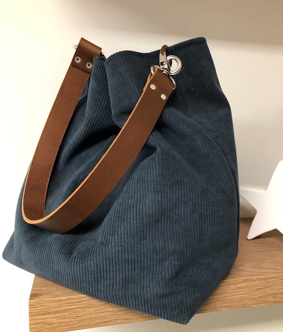 Duck Blue Hobo Bag Removable Camel Leather Handle / Corduroy 