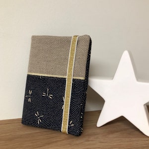 Protège carnet lin, tissu japonais bleu nuit libellules / Etui agenda, notebook bleu, beige, doré / Housse bullet journal personnalisable