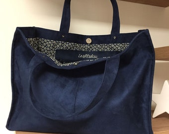 Sac shopper bleu marine effet daim / Sac cabas suédine bleu nuit / Sac fourre tout simili daim personnalisable / Sac shopping porté épaule