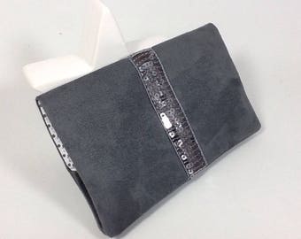 Dark grey chequebook holder, silver glitter /  sequined checkbook case / Personalized checkbook cover / Women's gift
