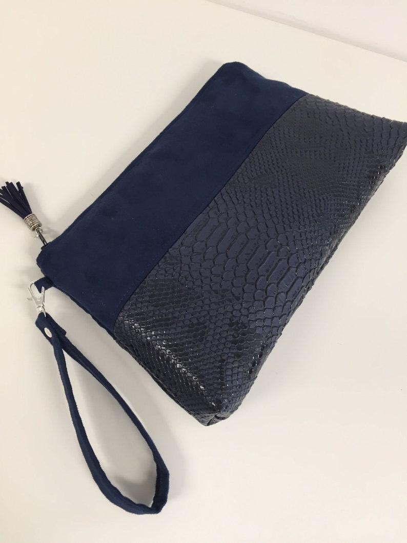 Clutch de novia azul marino, asa extraíble / Bolso de mano mujer ante, piel sintética de reptil / Bolso de mano personalizable azul medianoche imagen 10