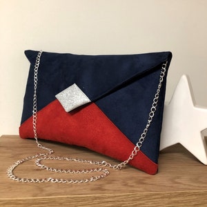 Navy blue and red wedding bag, silver glitter / Customizable evening bag with chain / Night blue and bright red shoulder strap bag to custom image 10