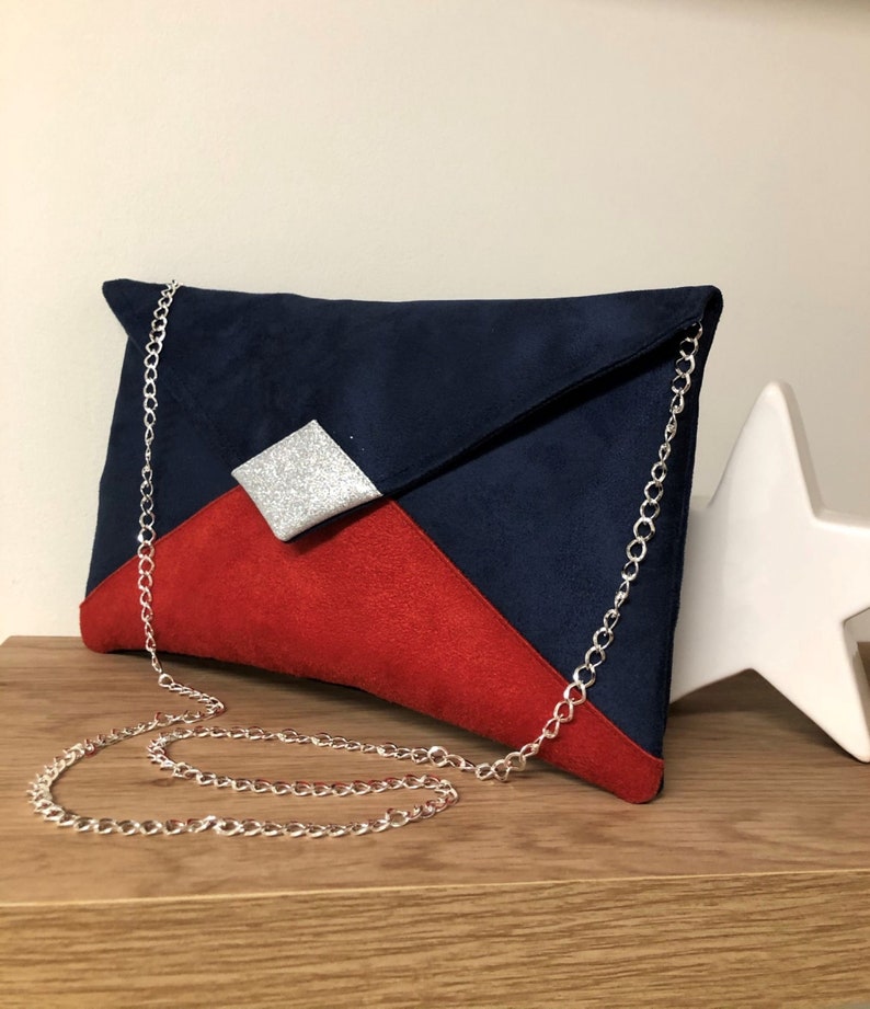 Navy blue and red wedding bag, silver glitter / Customizable evening bag with chain / Night blue and bright red shoulder strap bag to custom image 10