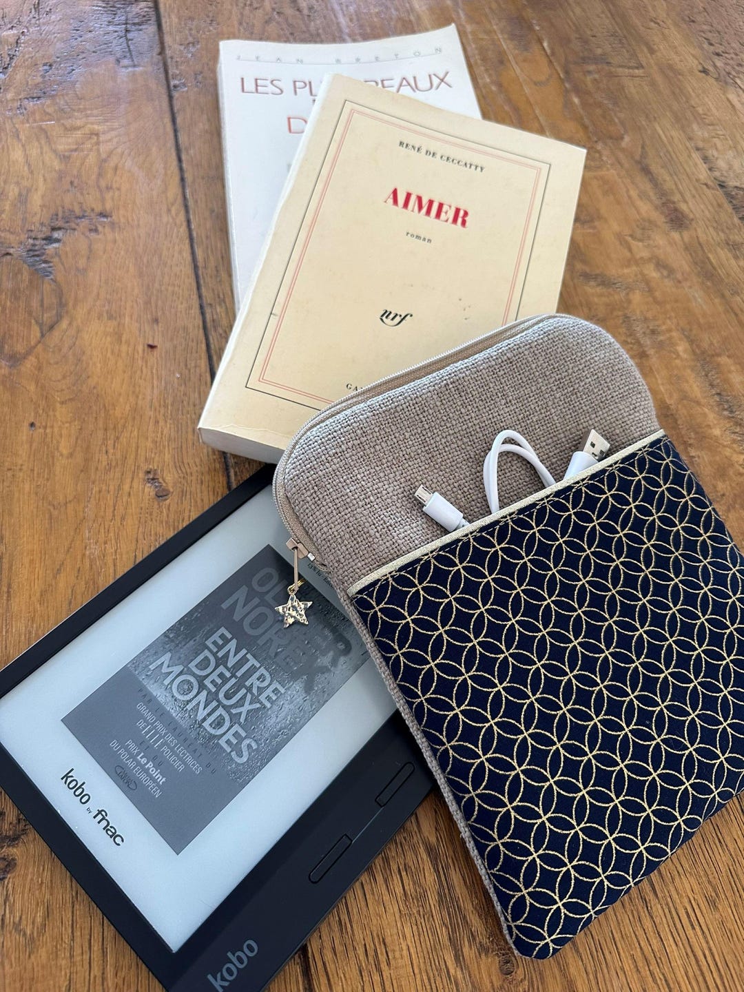 Digital Book Pouch, Linen and Japanese Fabric Zipped Case Kobo