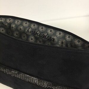 Black sequined evening clutch bag / Customizable wedding clutch bag in suedette and sequins / Black zipped handbag image 7