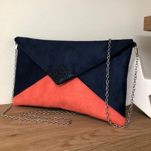 Navy blue and coral wedding clutch bag with sequins / Suedette evening clutch bag, customizable / Chain handbag image 8