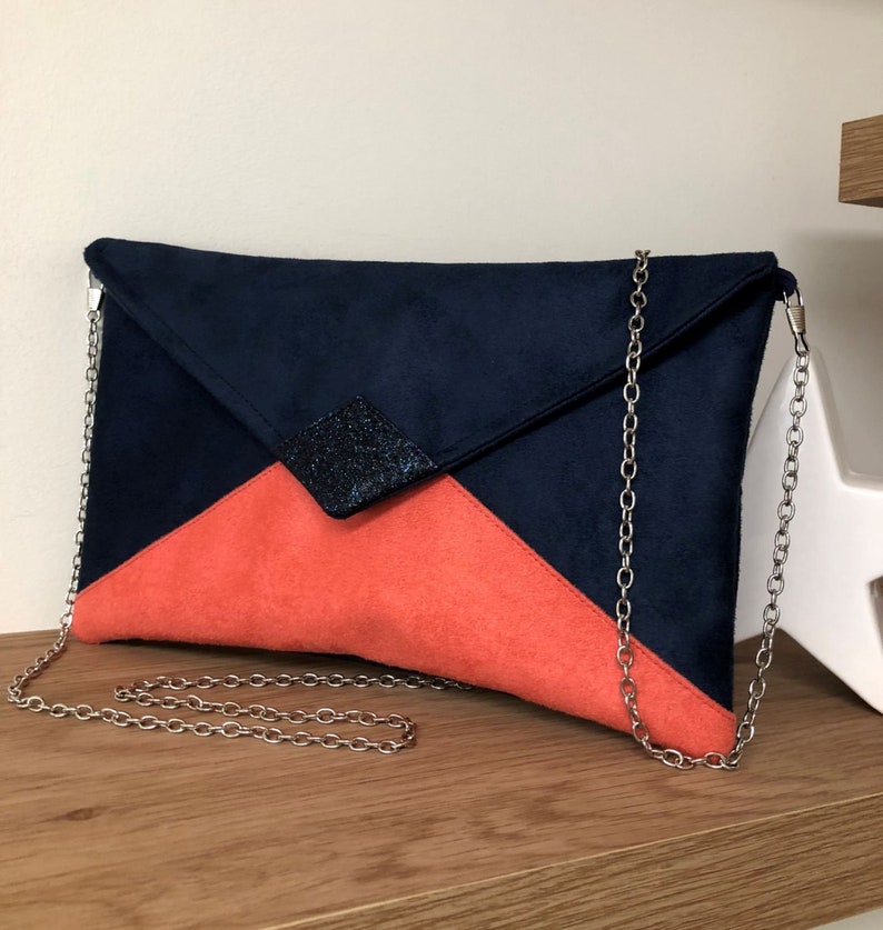 Navy blue and coral wedding clutch bag with sequins / Suedette evening clutch bag, customizable / Chain handbag image 8