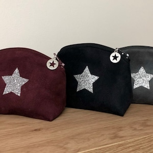 Monedero burdeos, estrella brillante / mini bolso con cremallera de ante rojo oscuro, lentejuelas / Accesorio de bolso, mujer, personalizable