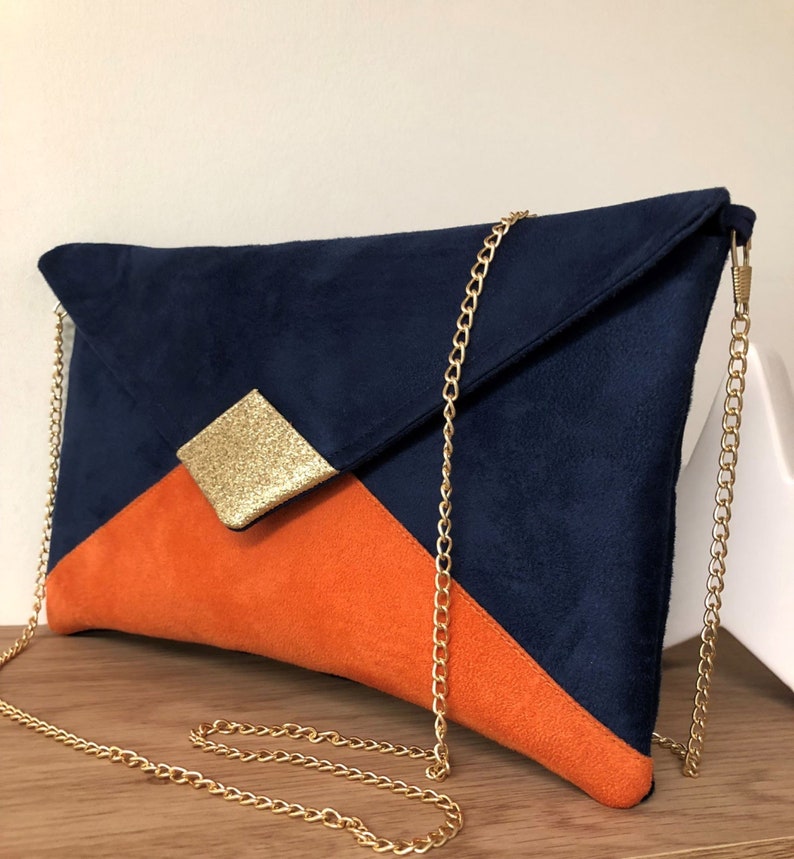 Clutch de boda azul marino y naranja con lentejuelas doradas / Clutch de noche de ante en forma de sobre, personalizable / Bolso de cadena imagen 9