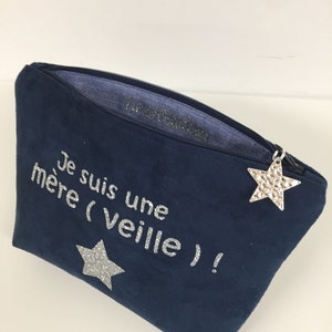 Trousse maquillage bleu marine et argentée, avec étoile / Pochette femme suédine et paillettes à personnaliser / Message personnalisable image 9