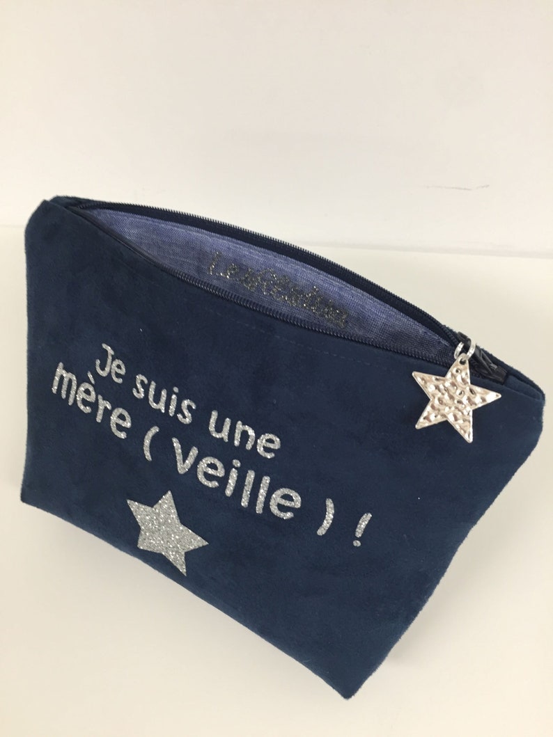 Trousse maquillage bleu marine et argentée, avec étoile / Pochette femme suédine et paillettes à personnaliser / Message personnalisable image 9