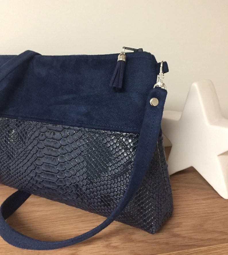 Navy blue wedding bag / Zipped shoulder bag, reptil leatherette / Night blue shoulder handbag, customizable / Women's blue wedding bag image 3