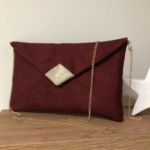 Pochette mariage bordeaux et doré / Pochette soirée suédine et lin doré, personnalisable avec ou sans chainette / Sac à main bandoulière