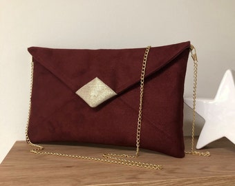 Burgundy and gold wedding clutch bag / Suede and gold linen evening clutch bag, customisable with or without chain / Handbag with chain