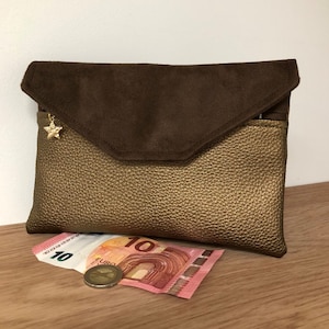 Cartera mujer piel vegetal cobre, ante marrón / Bolso de compañía, bolsillo con solapa, porta chequera, tarjetas, pasaporte, personalizable