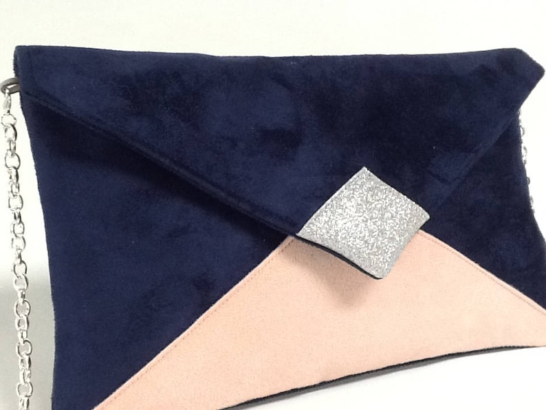 Navy blue and powder pink wedding bag, silver glitter / Customizable evening bag with chain / Night blue shoulder strap bag to custom image 2