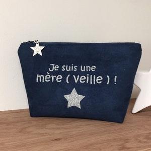 Trousse maquillage bleu marine et argentée, avec étoile / Pochette femme suédine et paillettes à personnaliser / Message personnalisable image 1