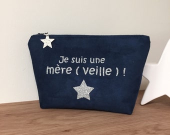 Trousse maquillage bleu marine et argentée, avec étoile / Pochette femme suédine et paillettes à personnaliser / Message personnalisable