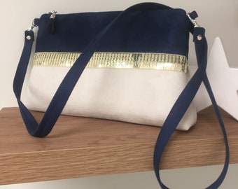 Sac bandoulière bleu marine, ivoire, à paillettes dorées / Petit sac à main zippé pour mariage / Pochette soirée personnalisable