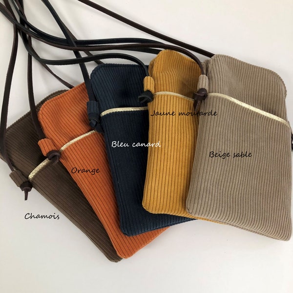 Shoulder bag for phone / Corduroy and leather smartphone case / Small carrying bag for IPhone or Android / All sizes of cell phones