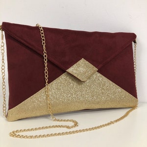 Hochzeits-Clutch in Burgunderrot mit goldenen Pailletten / Abend-Clutch aus dunkelrotem Wildleder, Umschlagform, goldene Pailletten / anpassbar