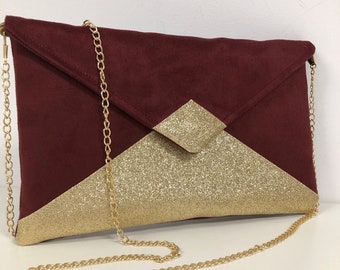 Burgundy wedding clutch bag in suede and gold sequins / Bright red evening clutch bag, envelope shape, gold sequins / wedding bag to custom