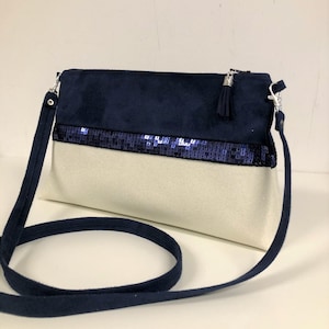 Navy blue, off-white, glitter clutch bag / Sequined handbag, removable shoulder strap / Woman evening clutch