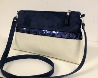 Sac bandoulière bleu marine, blanc cassé, paillettes / Sac à main zippé avec sequins et bandoulière amovible / Pochette soirée femme