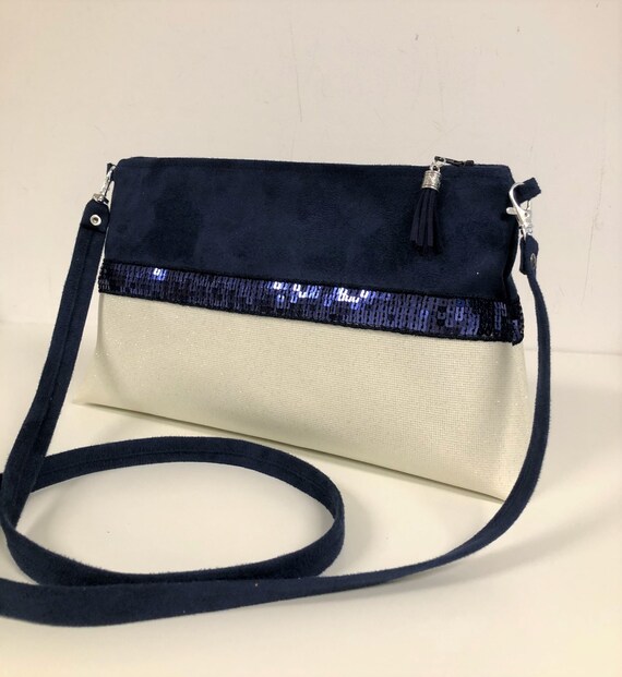 Sac bandouliere bleu marine blanc casse paillettes Sac a main zippe avec sequins et bandouliere amovible Pochette soiree femme Etsy Canada