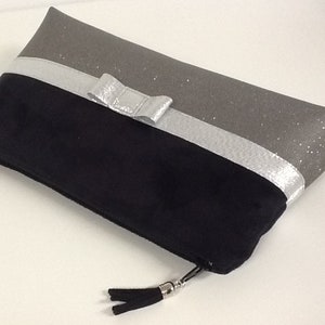 Trousse maquillage noire et gris, noeud argenté / Élégante pochette de sac en suédine, simili cuir / Petite pochette zippée personnalisable image 9