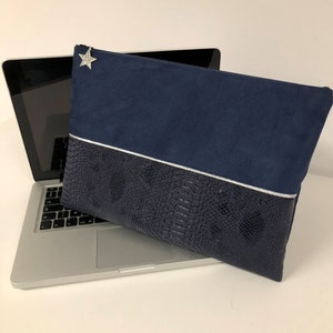 Navy blue and silver airy MacBook pouch / Customized computer case in suede and reptil leatherette / MacBook carrying case, customizable 13 pouces