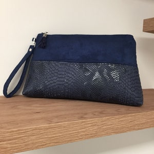 Clutch de novia azul marino, asa extraíble / Bolso de mano mujer ante, piel sintética de reptil / Bolso de mano personalizable azul medianoche imagen 7