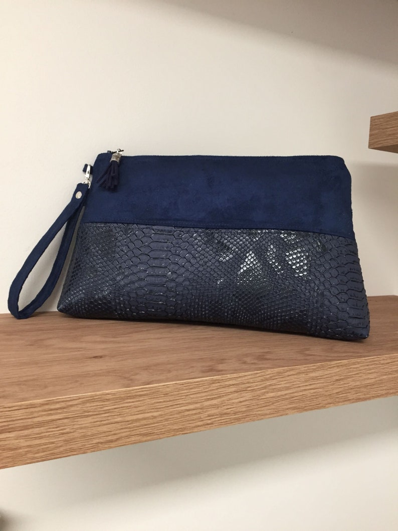 Clutch de novia azul marino, asa extraíble / Bolso de mano mujer ante, piel sintética de reptil / Bolso de mano personalizable azul medianoche imagen 7