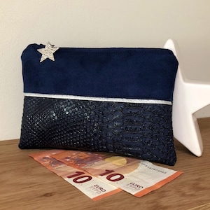 Monedero de mujer, azul marino, plateado / Mini bolsito de piel sintética de reptil y ante / Bolsito pequeño con cremallera personalizable