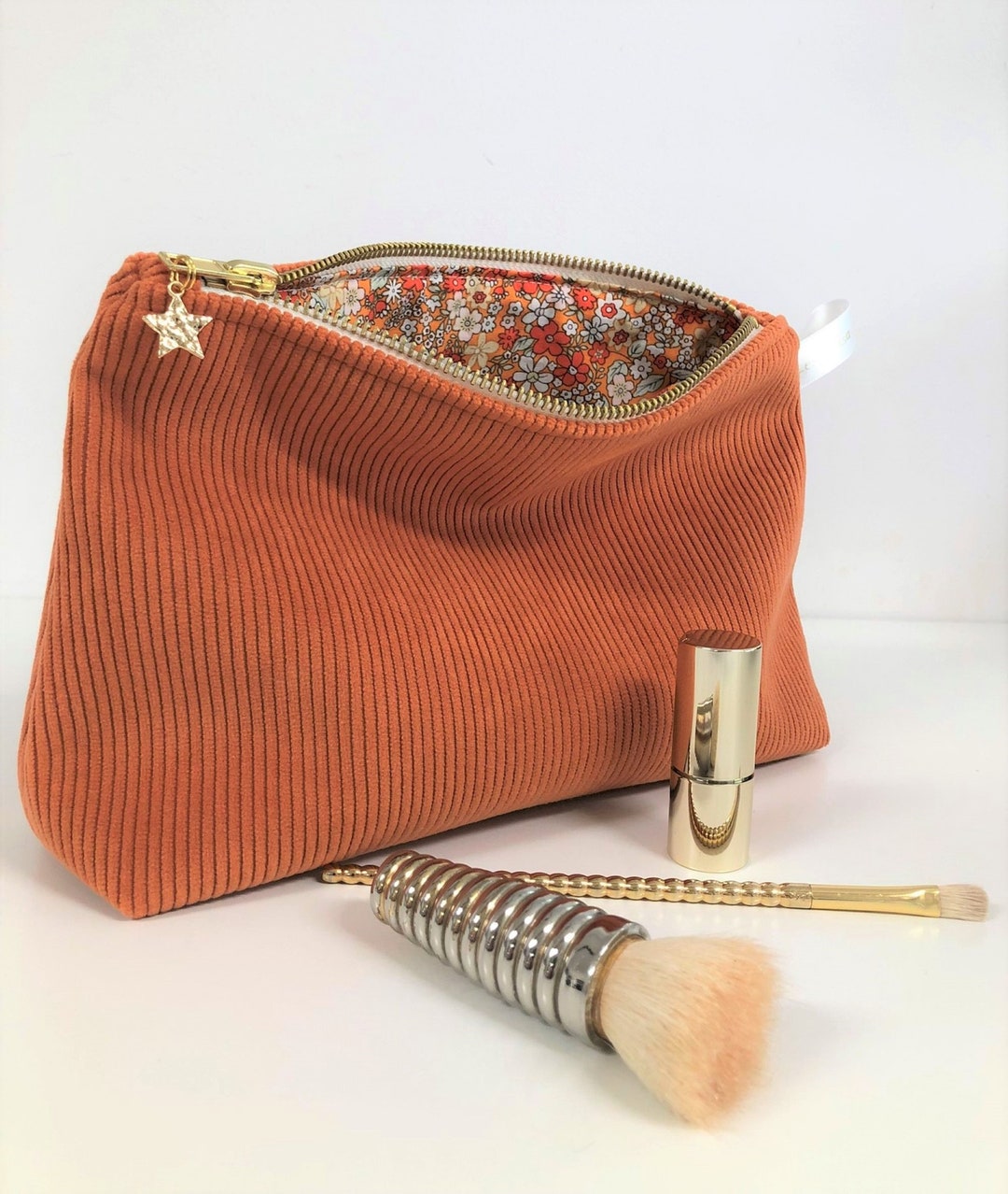 Pochette velours côtelé orange Trousse maquillage velours