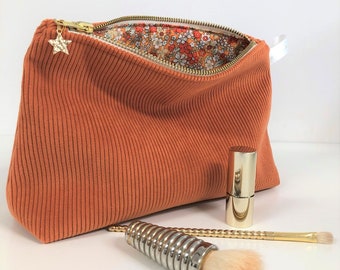 Orange corduroy pouch / Large orange corduroy make-up case / Customisable women's cosmetic storage / Sportswear / Zipped corduroy pouch