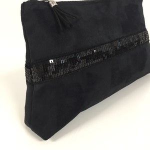 Black sequined evening clutch bag / Customizable wedding clutch bag in suedette and sequins / Black zipped handbag image 3