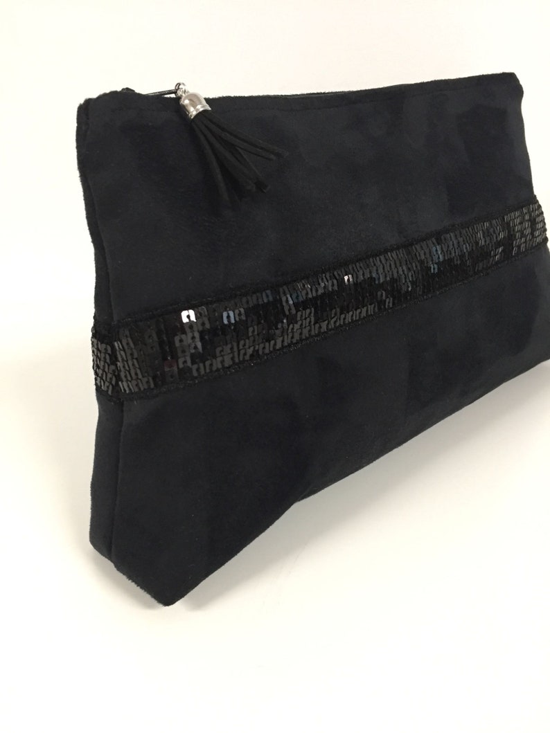 Black sequined evening clutch bag / Customizable wedding clutch bag in suedette and sequins / Black zipped handbag image 3