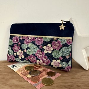 Monedero de mujer en tejido japonés azul marino, malva y dorado / Bolsito pequeño de flores con cremallera / Bolsito personalizable