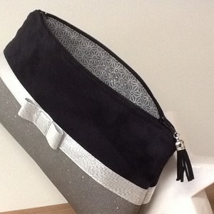 Black and grey make-up case, silver bow / Elegant suede, imitation leather bag pocket / Small customizable zipped pocket / Women's gift image 2